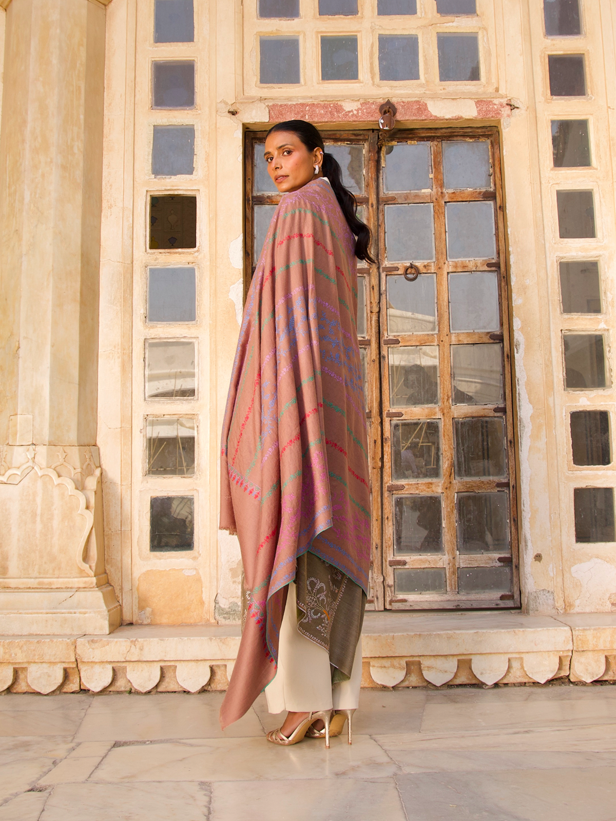 Muted Pink Embroidered Shawl