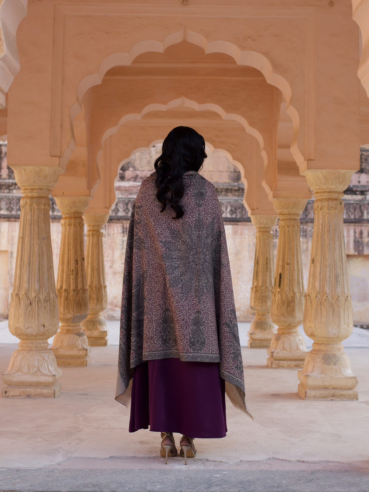 All Over Embroidered Natural & Black Shawl
