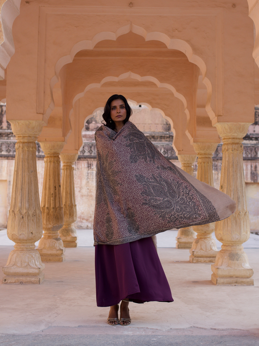 All Over Embroidered Natural & Black Shawl