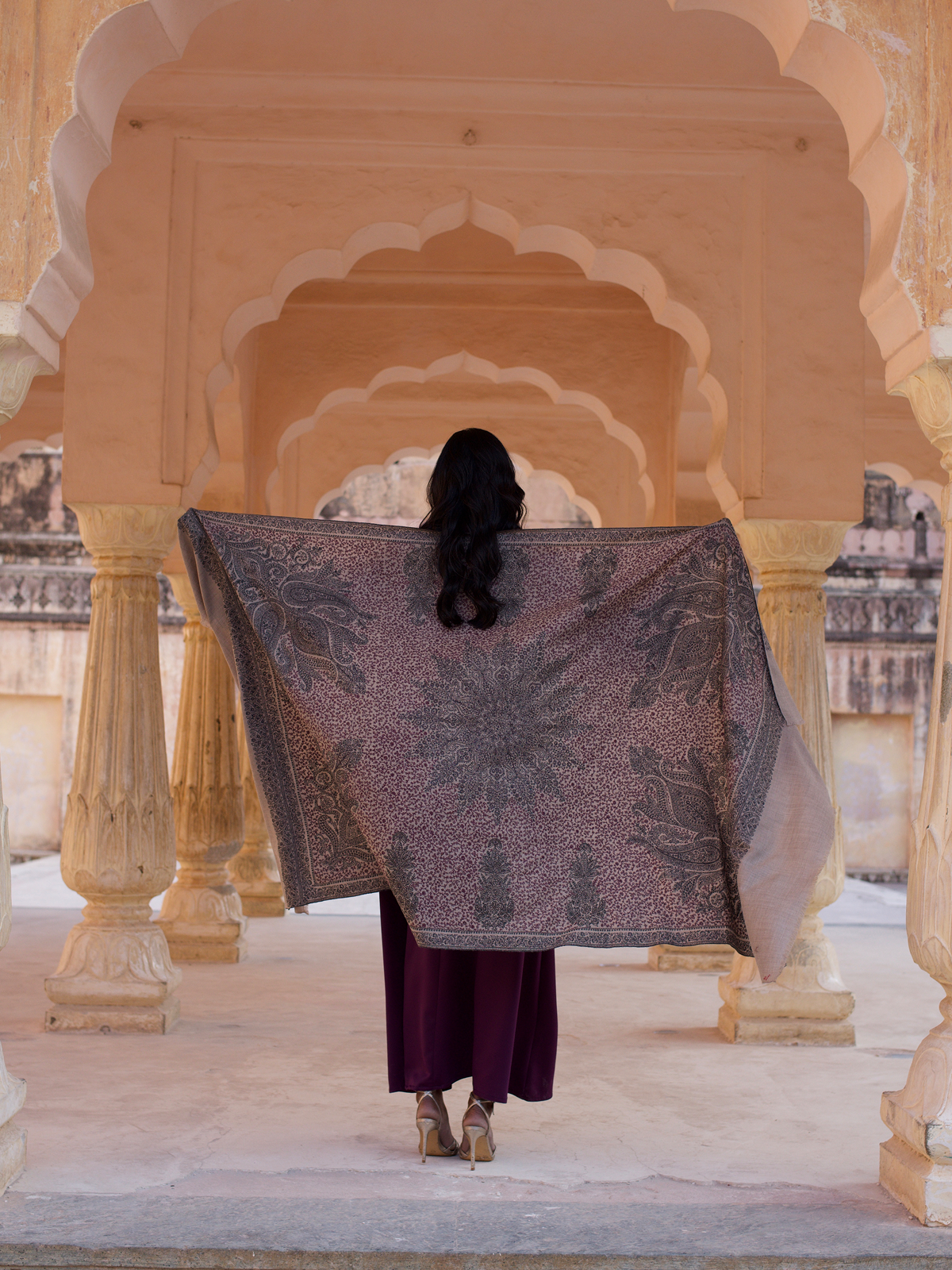 All Over Embroidered Natural & Black Shawl