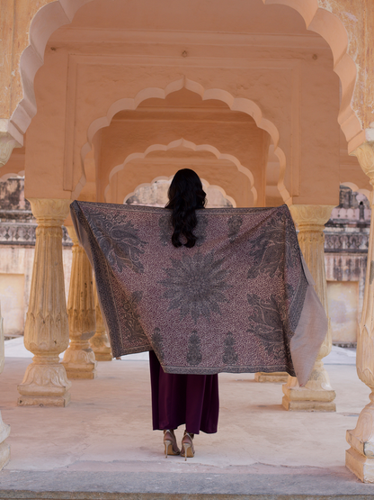All Over Embroidered Natural & Black Shawl