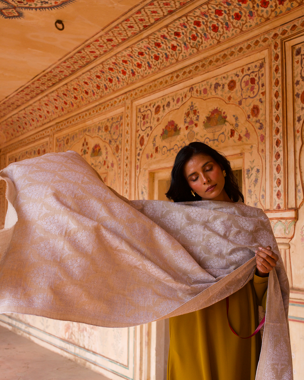 Natural with White Embroidered Shawl