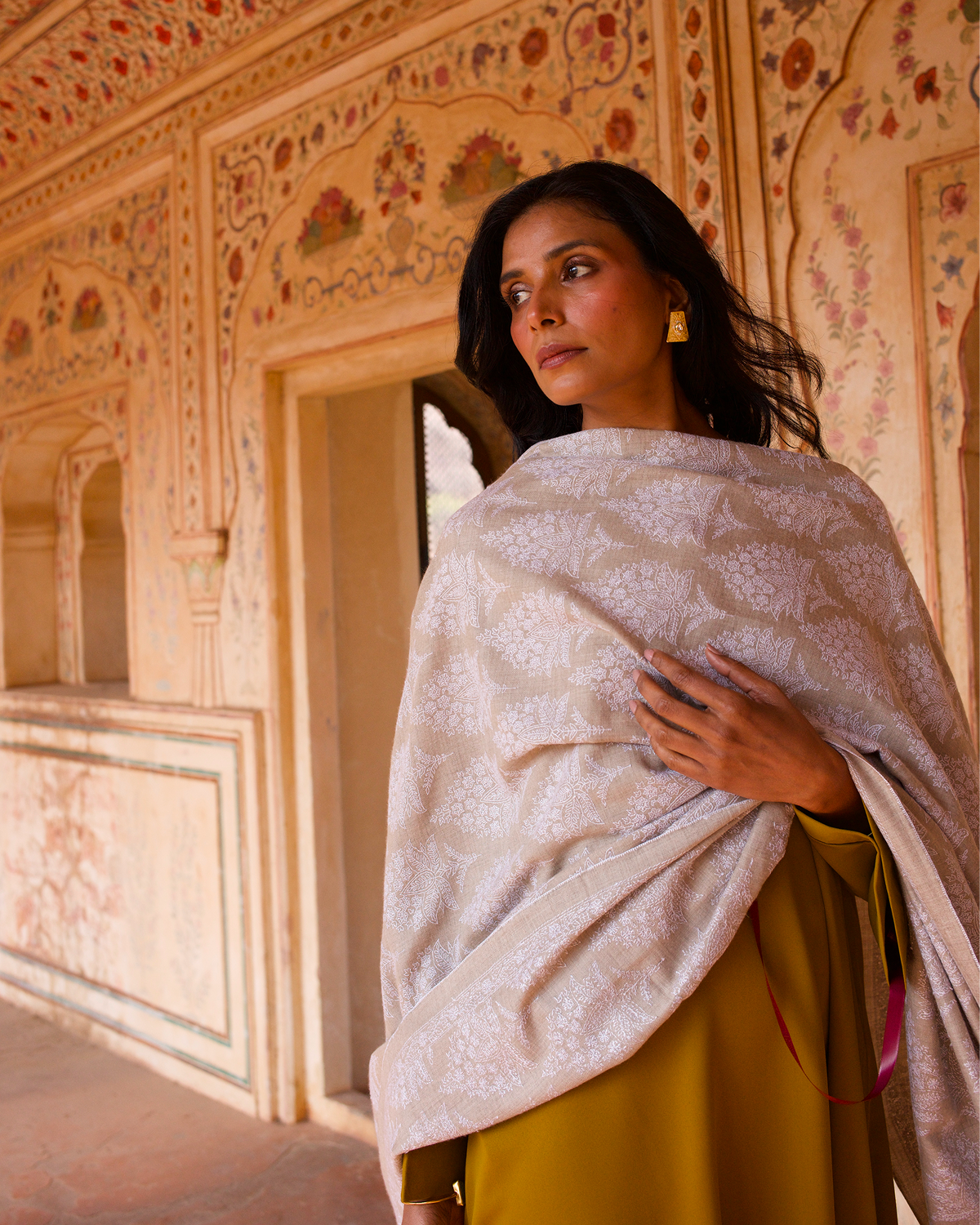 Natural with White Embroidered Shawl