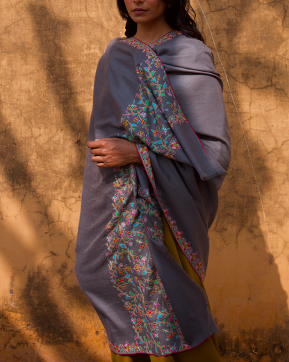 Grey with Multicolored Palla Embroidered Shawl