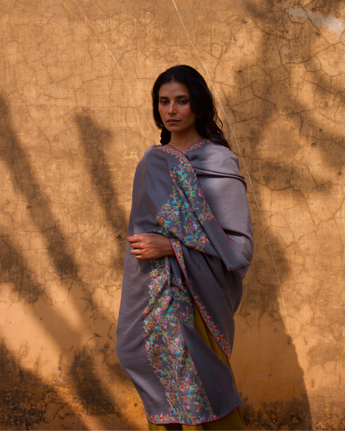 Grey with Multicolored Palla Embroidered Shawl