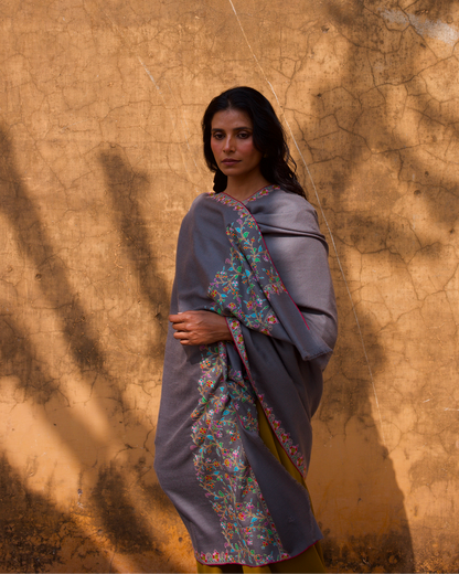 Grey with Multicolored Palla Embroidered Shawl