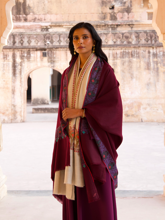White Palla Pink & Green Embroidered Shawl