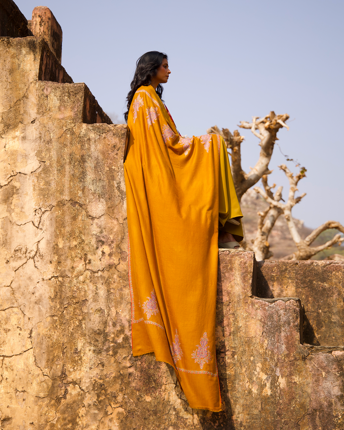 Mustard with Mulitcolored Embroidery Shawl