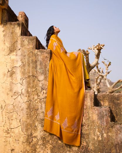 Mustard with Mulitcolored Embroidery Shawl