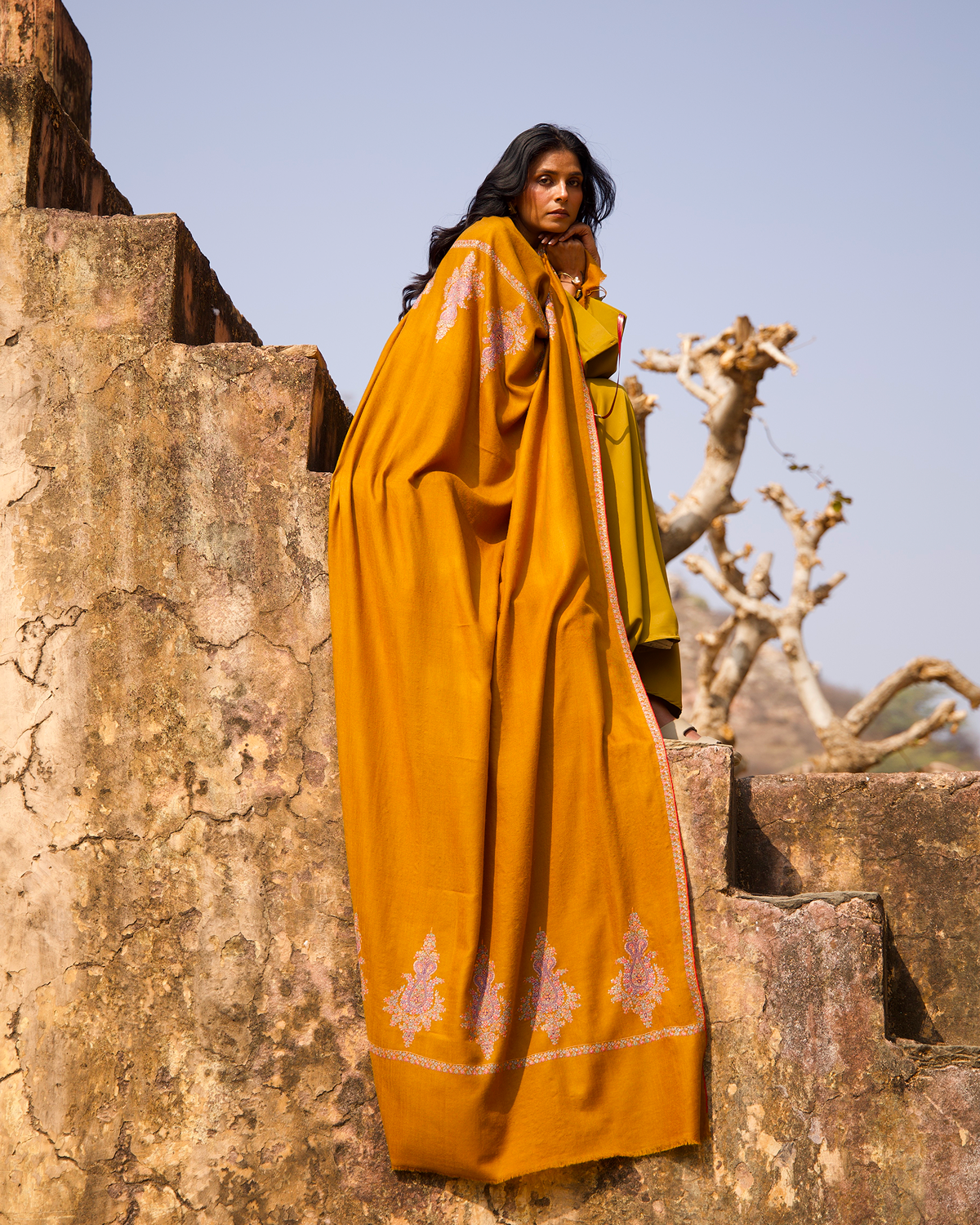 Mustard with Mulitcolored Embroidery Shawl