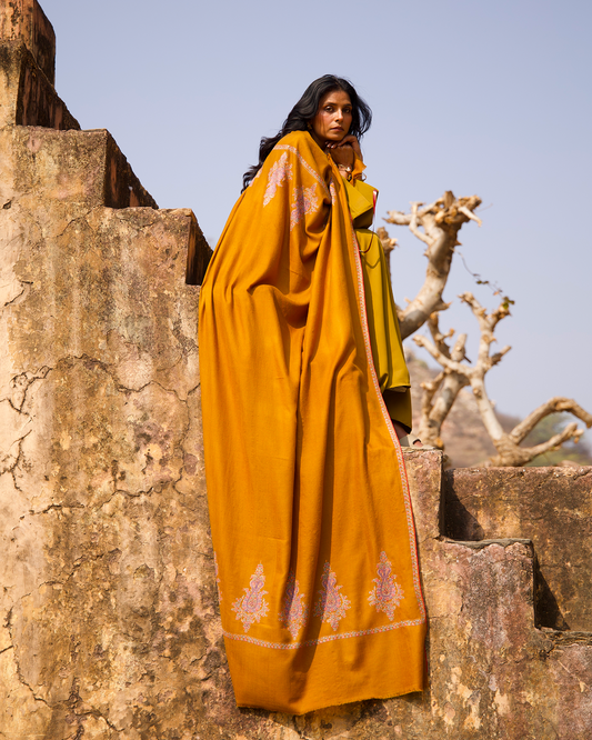 Mustard with Mulitcolored Embroidery Shawl