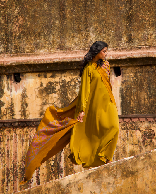 Mustard with Pink and Blue Embroidered Shawl