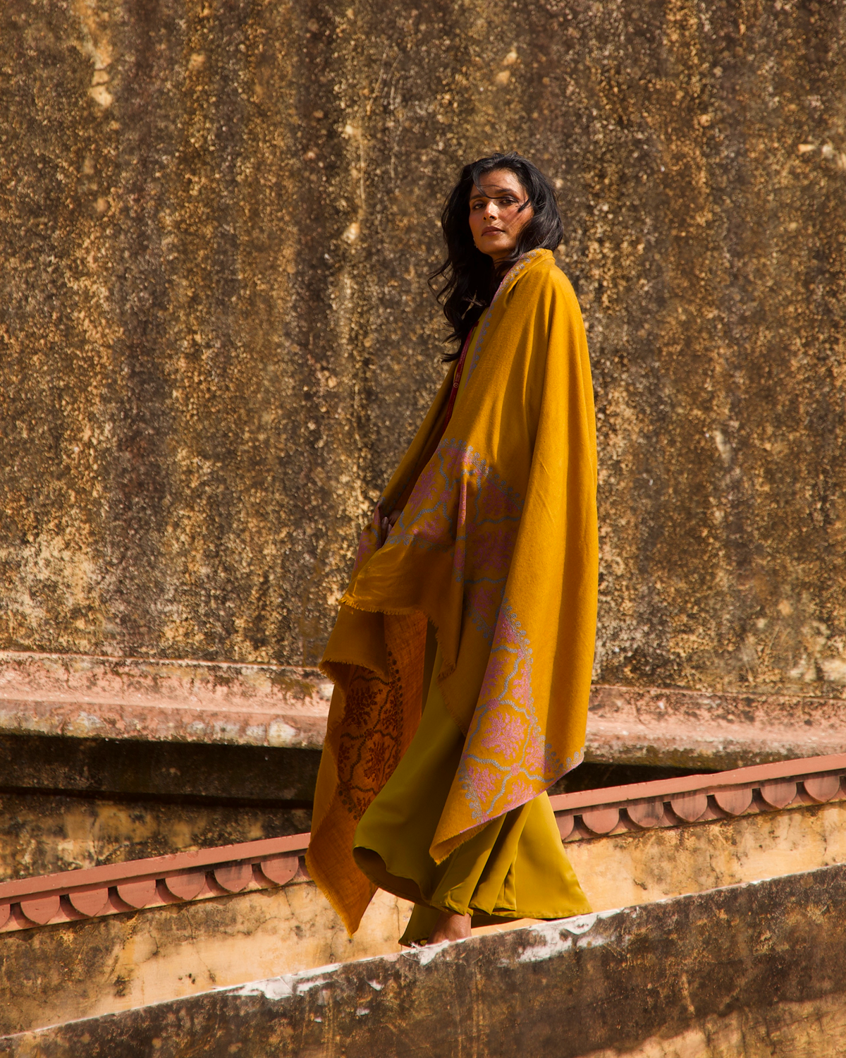 Mustard with Pink and Blue Embroidered Shawl
